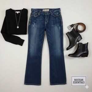 BKE Stella Bootcut Stretch Jeans Denim Womens Embellished Pockets Dark Wash